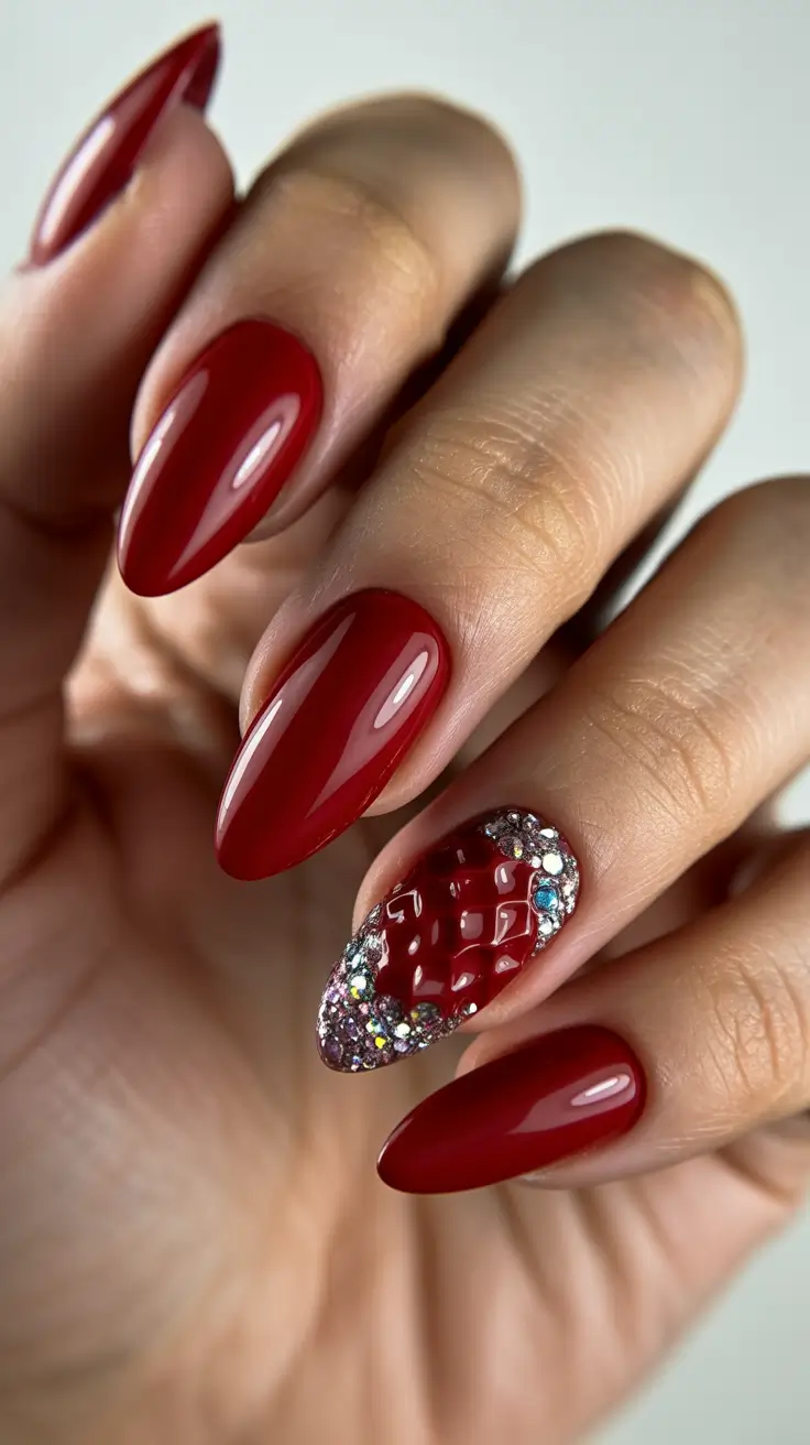 Modern Red Christmas Nails 2025 Velvet Ruby with Diamond Accents