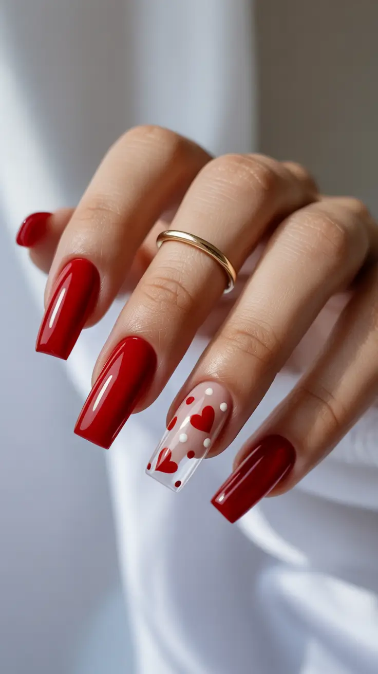 Modern Red Christmas Nails 2025 Playful Hearts and Polka Dots