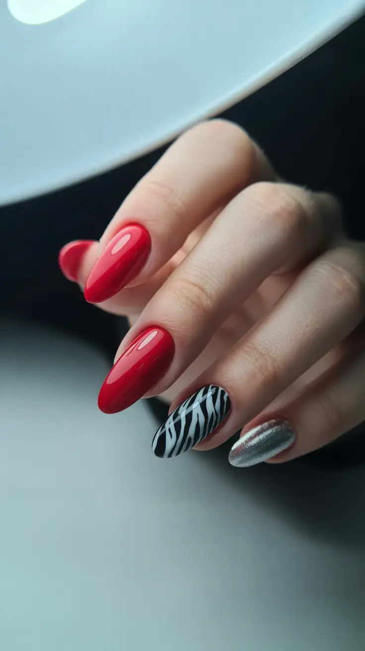 Modern Red Christmas Nails 2025 Bold Zebra and Silver Contrast