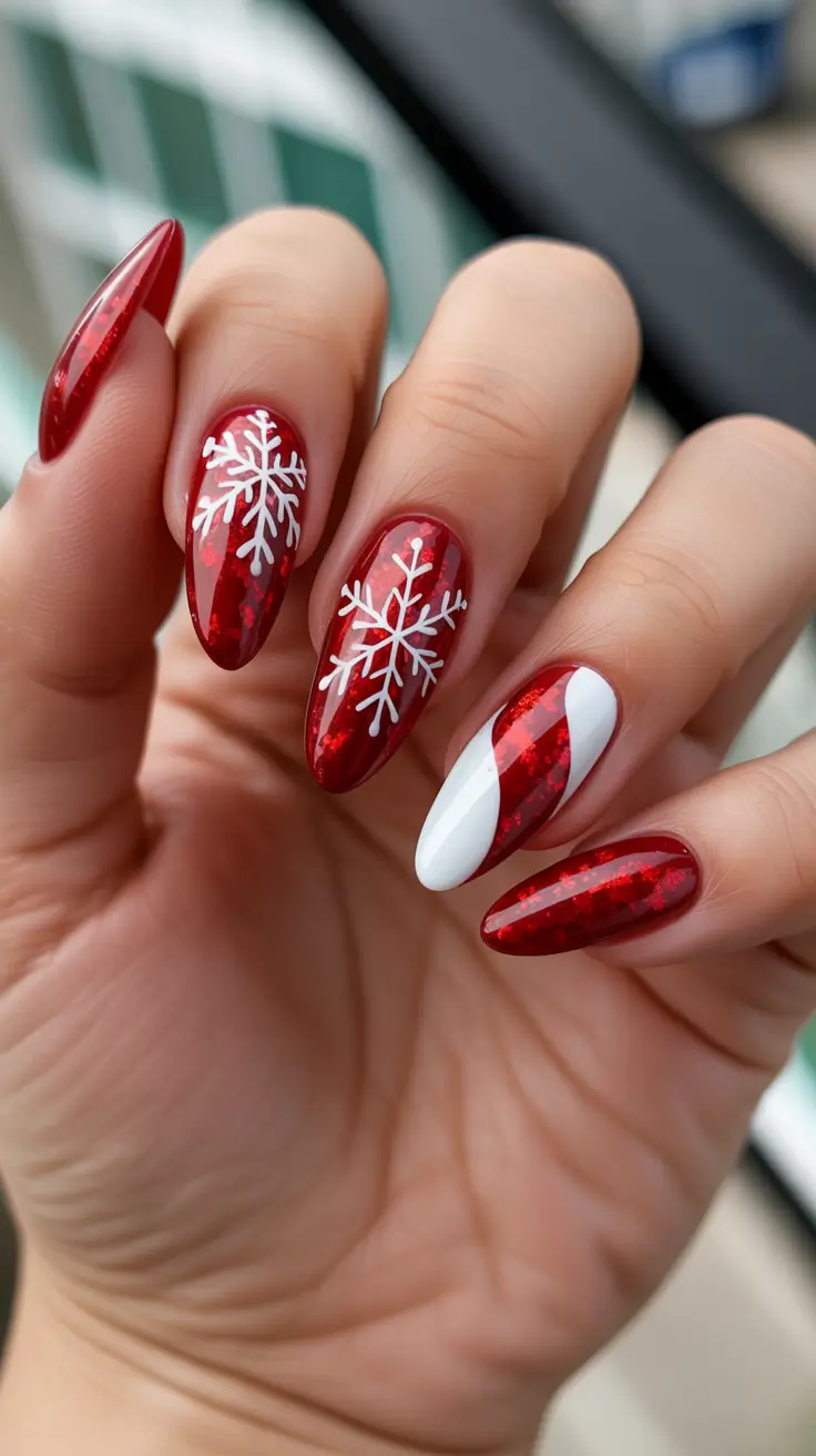 Modern Red Christmas Nails 2025 Snowflake Magic
