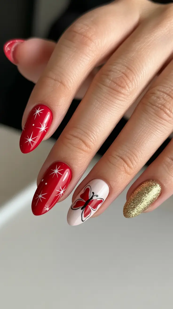 Modern Red Christmas Nails 2025 Golden Glow and Butterfly Art