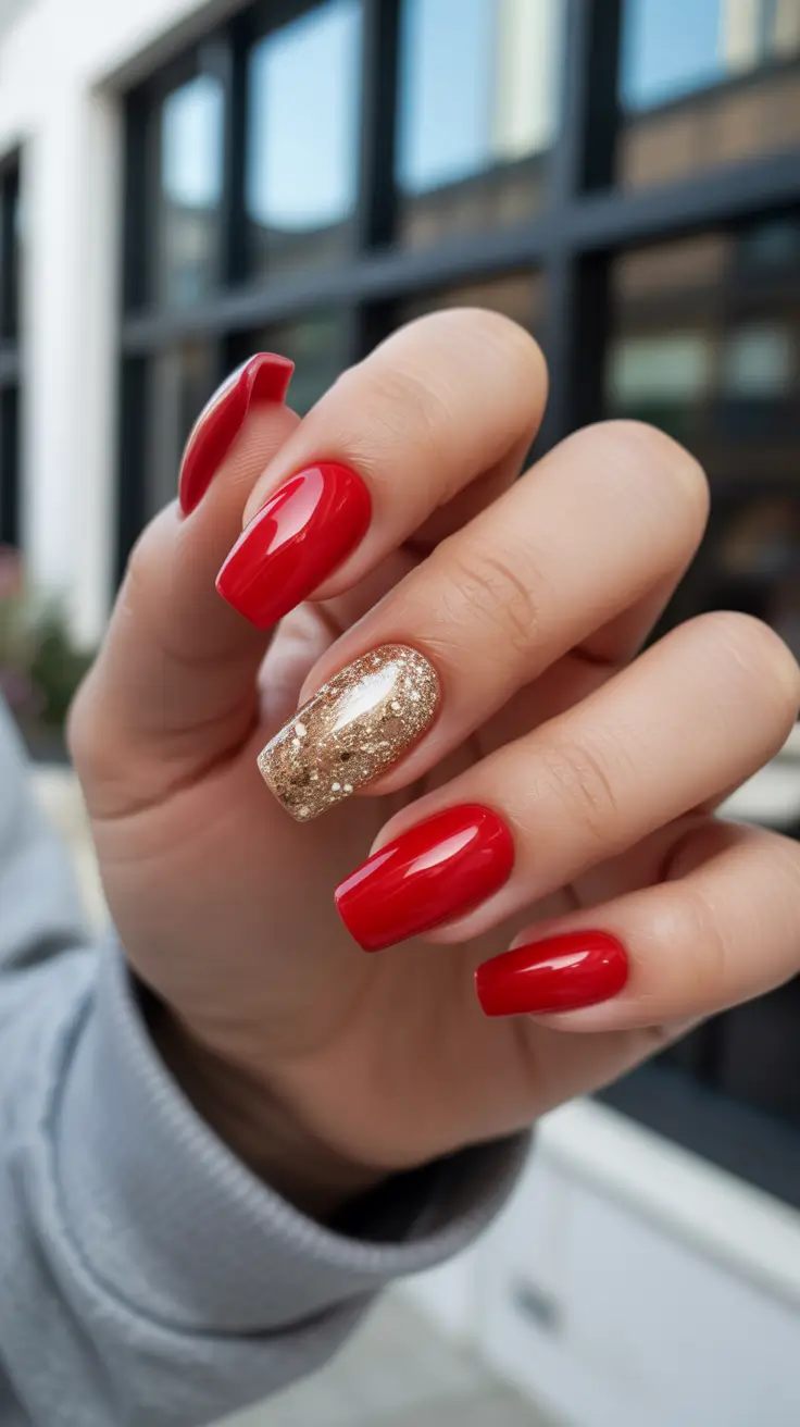 Modern Red Christmas Nails 2025 Red and Gold Luxe Sparkle