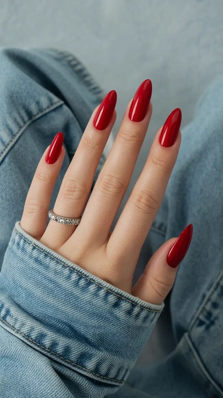 Modern Red Christmas Nails 2025 Classic Scarlet Almond Elegance