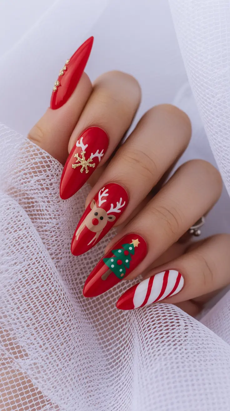 Modern Red Christmas Nails 2025 Festive Reindeer and Candy Cane Cheer