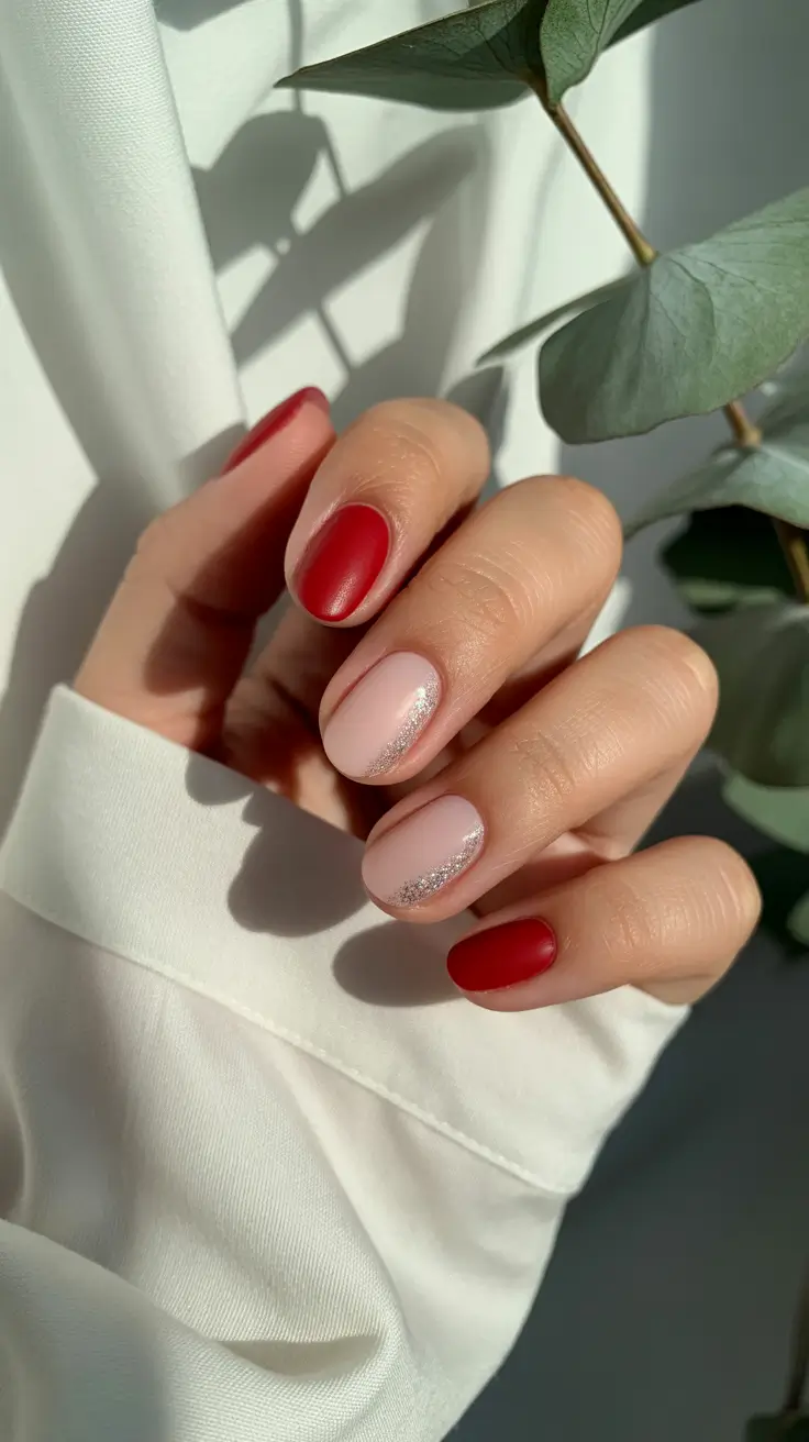 Modern Red Christmas Nails 2025 Soft Matte Red Meets Blush Glitter