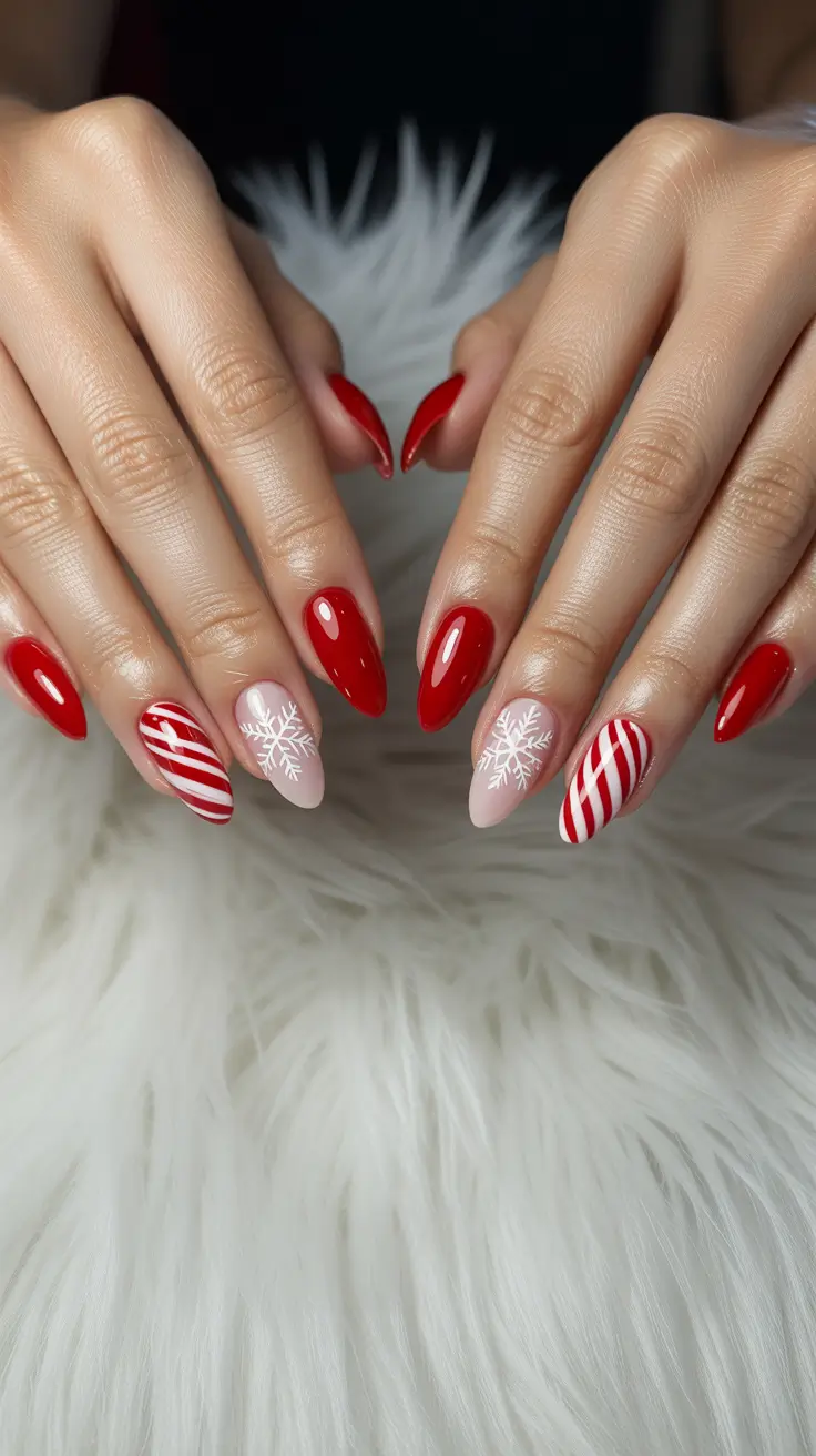Modern Red Christmas Nails 2025 Sweet Candy Cane Charm