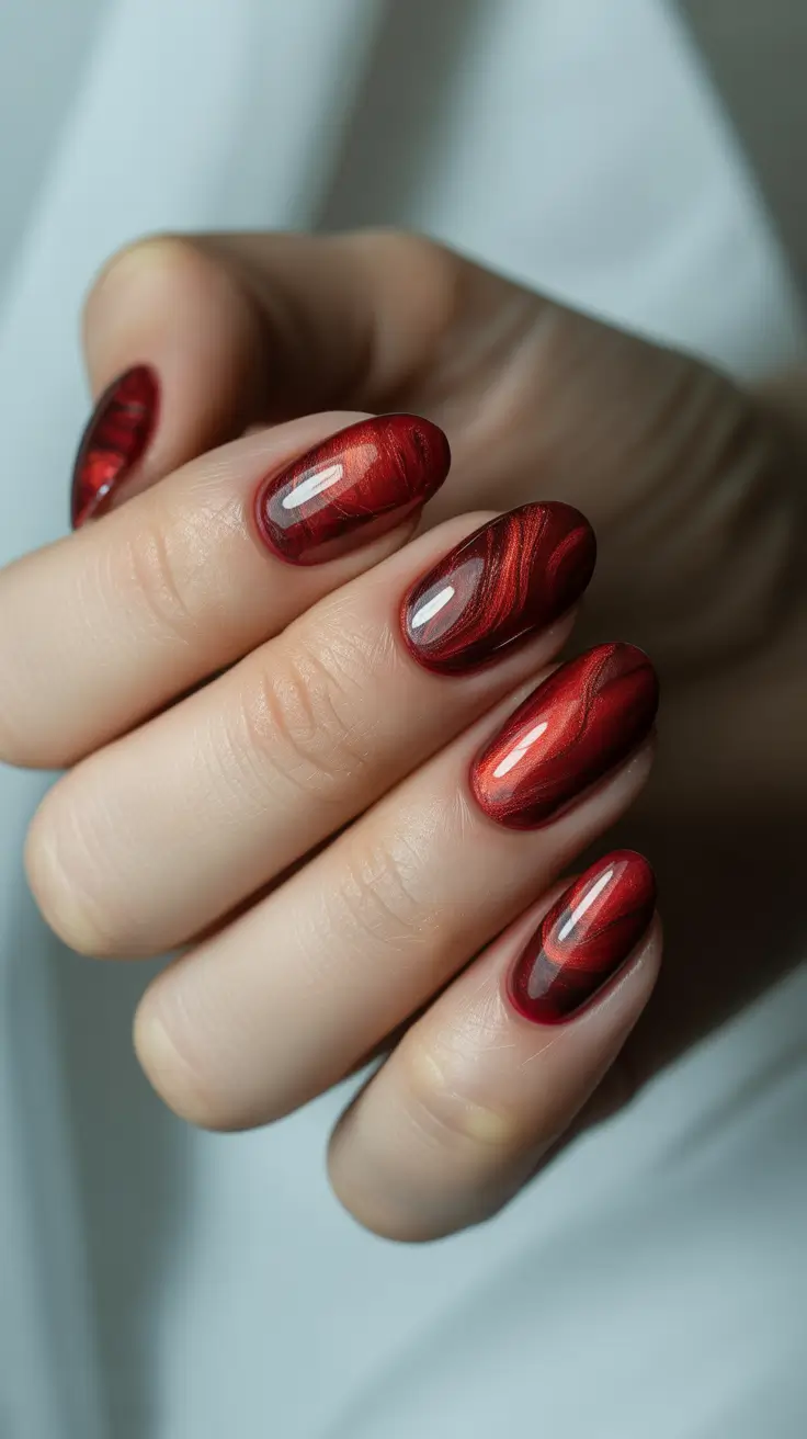 Modern Red Christmas Nails 2025 Molten Metallic Marble