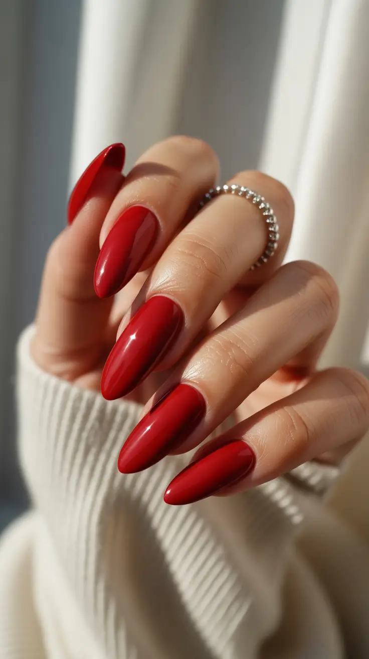 Modern Red Christmas Nails 2025 Almond-Shaped Scarlet Perfection