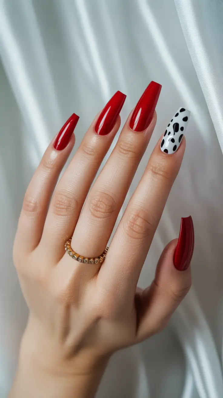 Modern Red Christmas Nails 2025 Dalmatian Twist in Red and White