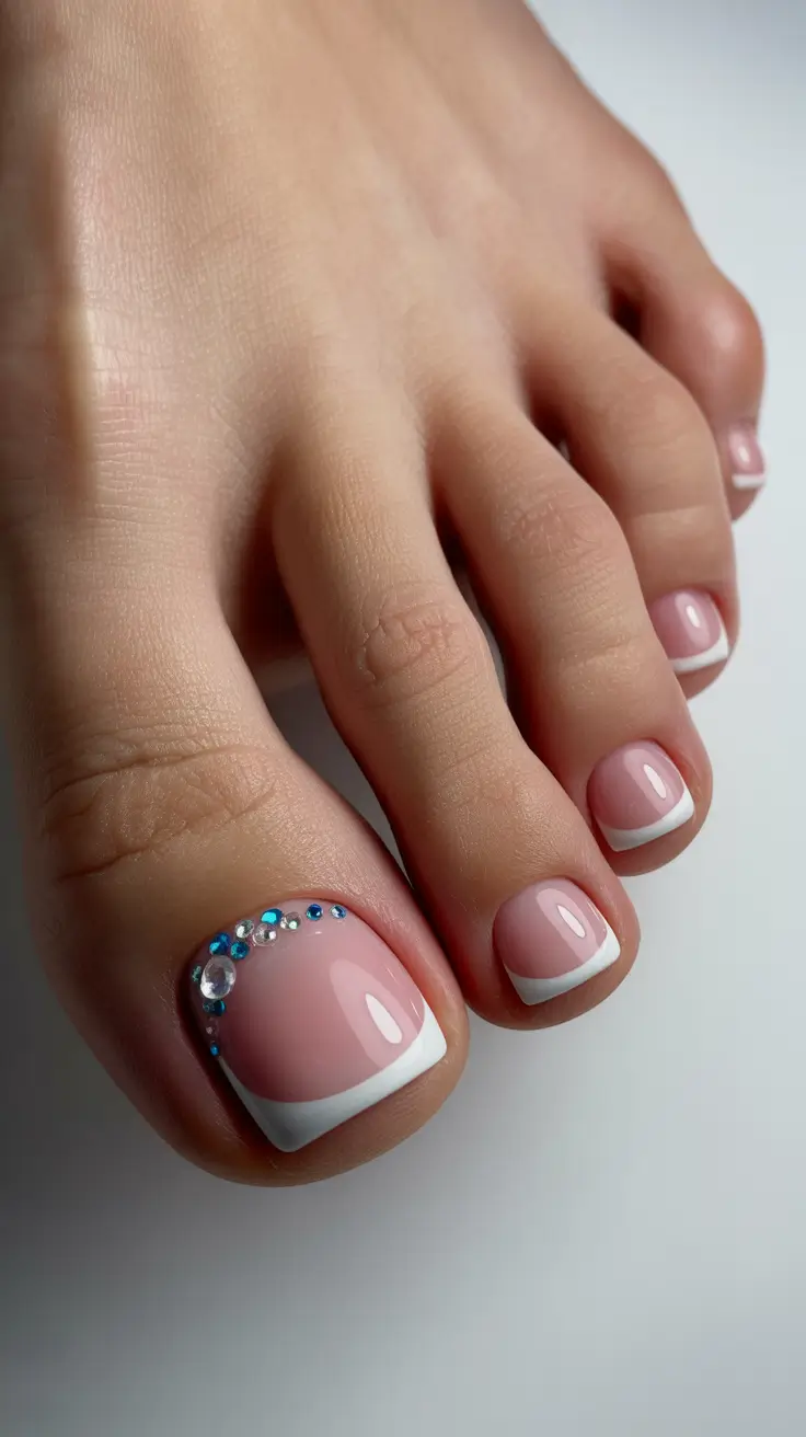 Modern Toe Nail Ideas for Winter 2025-2026 Classic French with Crystal Touch