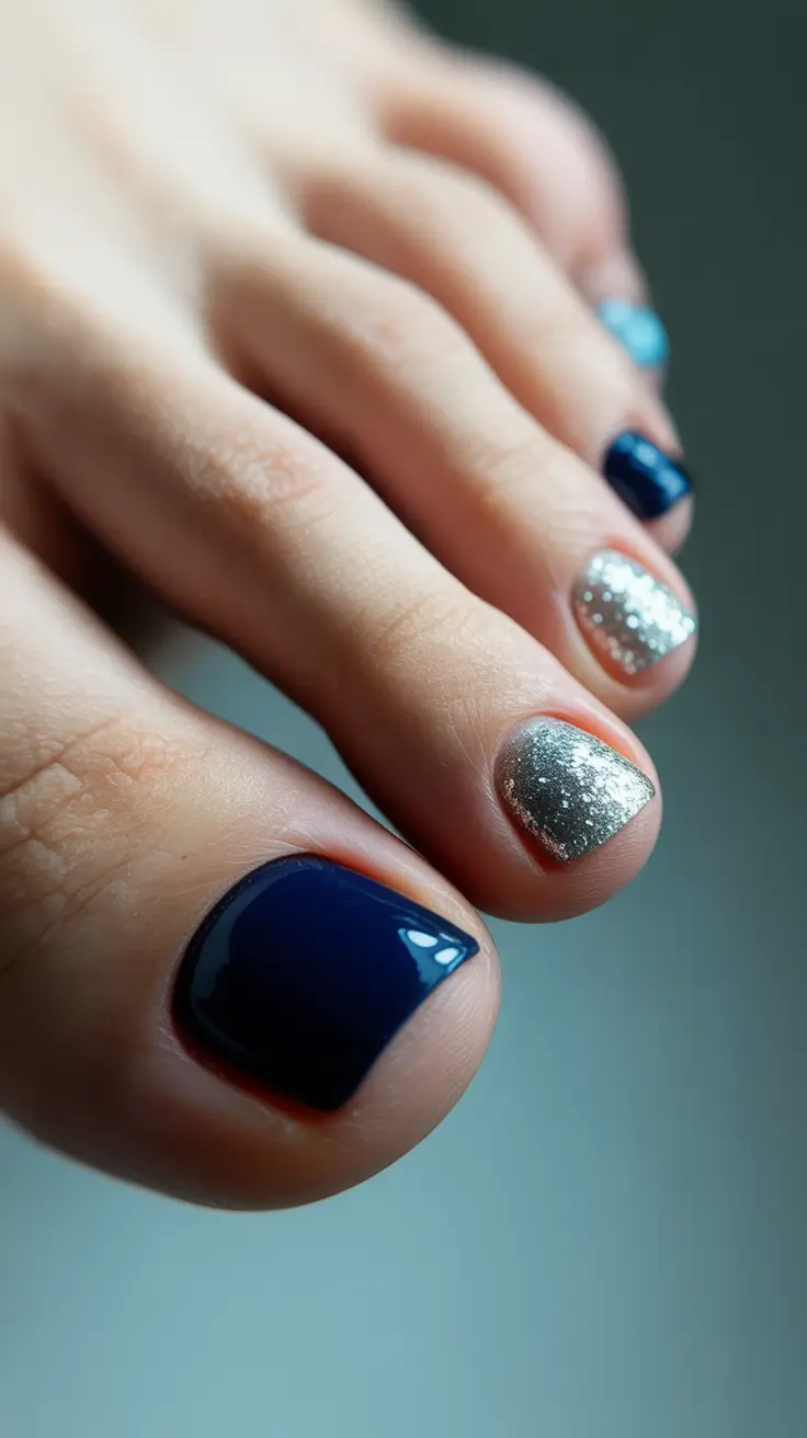 Modern Toe Nail Ideas for Winter 2025-2026 Blue and Silver Frost
