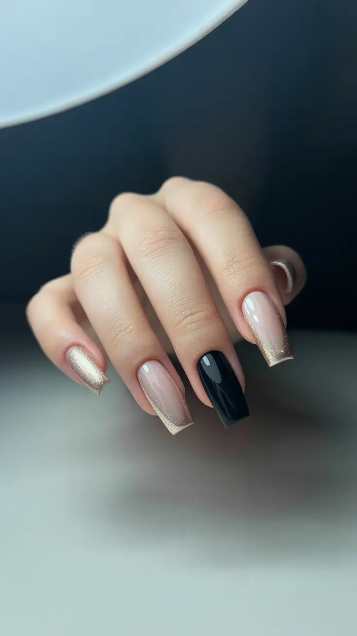 Nail Colors for Winter 2025-2026 Champagne and Noir Harmony