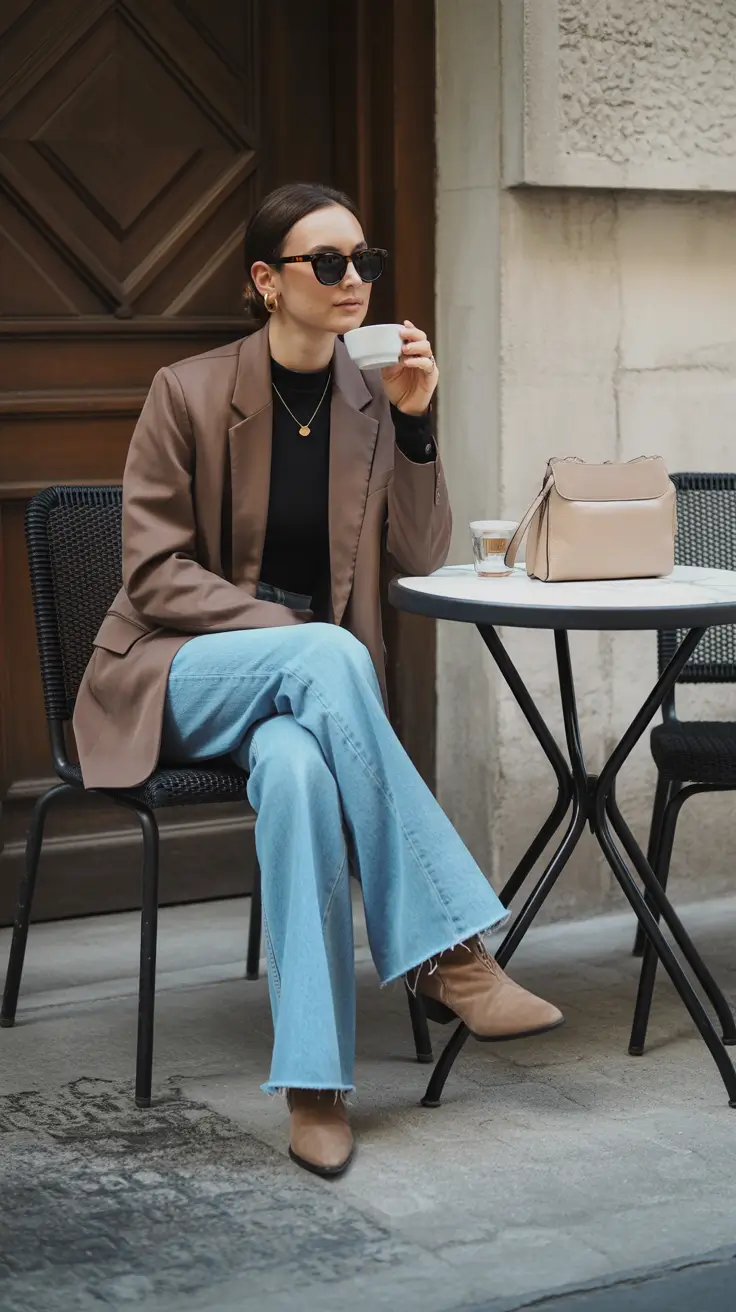 old money outfits for women 2026 Mocha Blazer and Light Denim Harmony