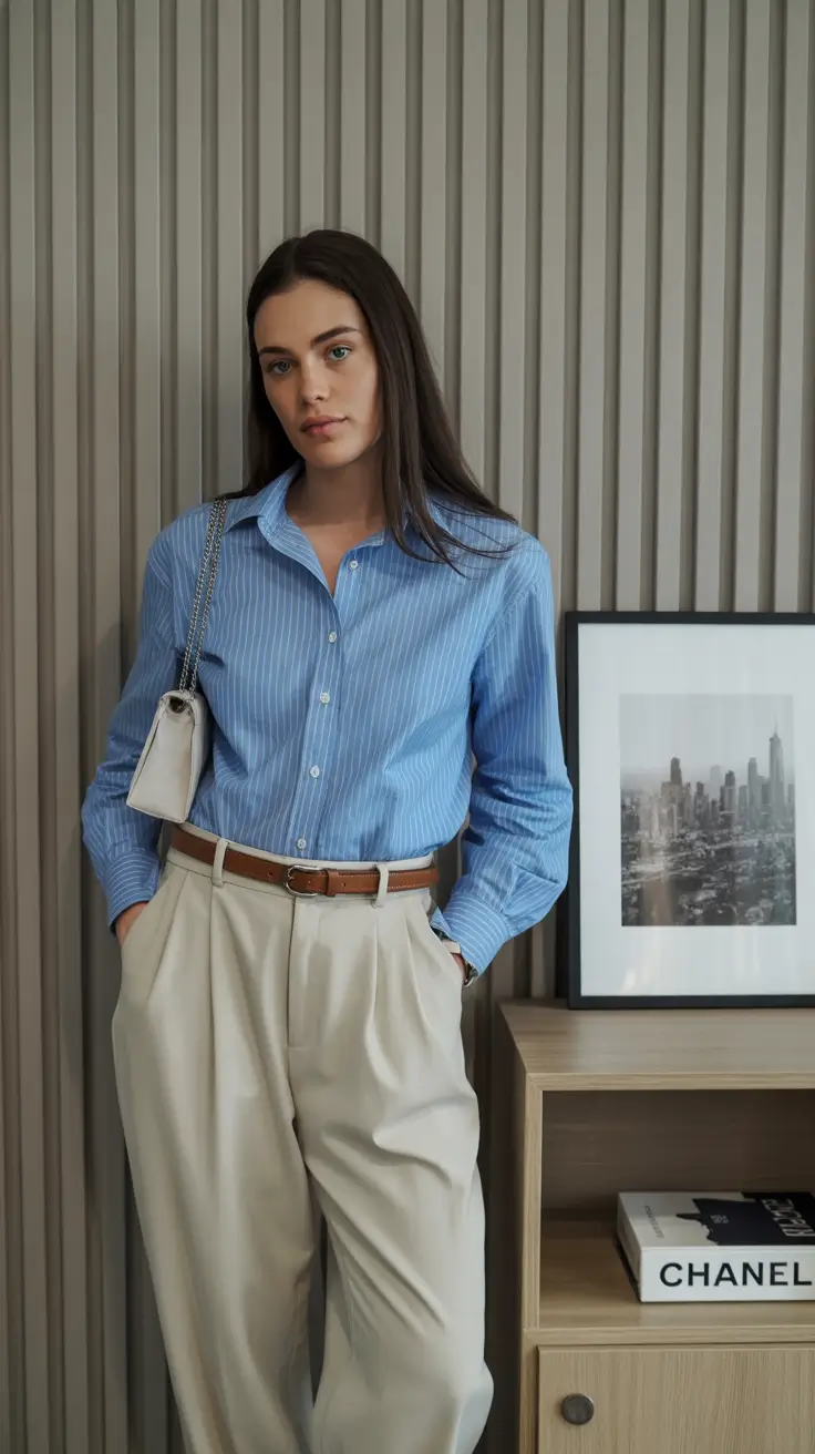 old money outfits for women 2026 Blue Stripes and Neutral Elegance