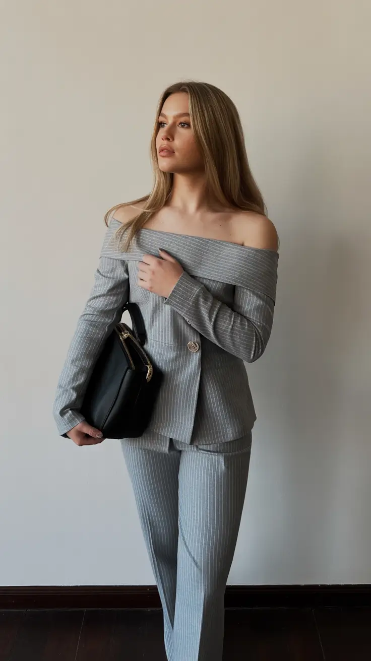 old money outfits for women 2026 Off-Shoulder Pinstripe Elegance