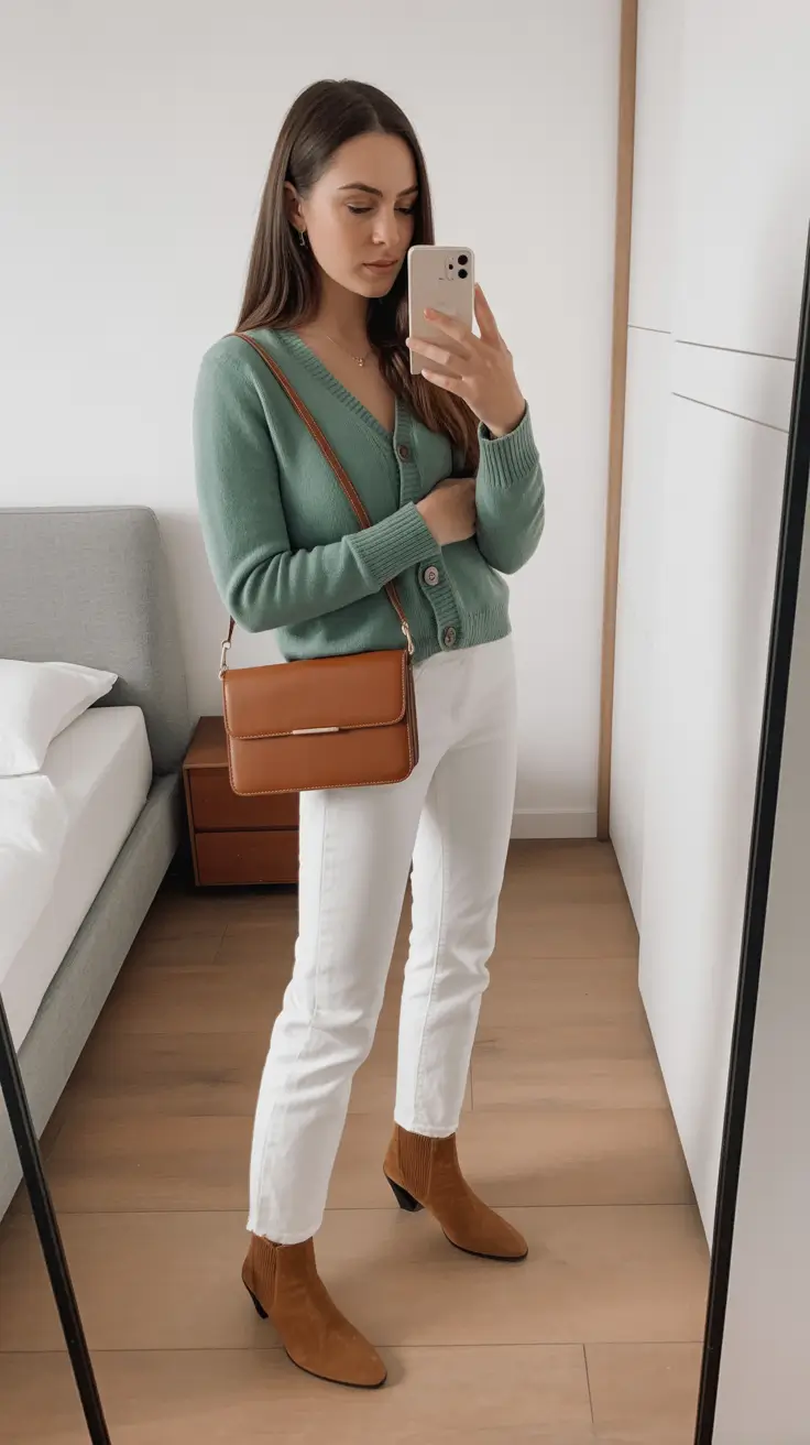 old money outfits for women 2026 Mint Cardigan and White Denim Freshness