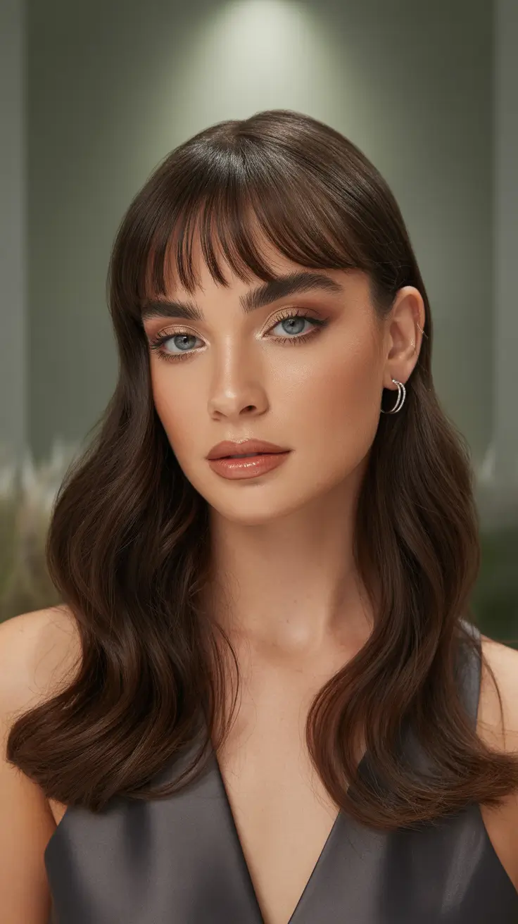 Stylish Hair Colors & Haircuts Winter 2025-2026 Long Soft Waves with Curtain Bangs