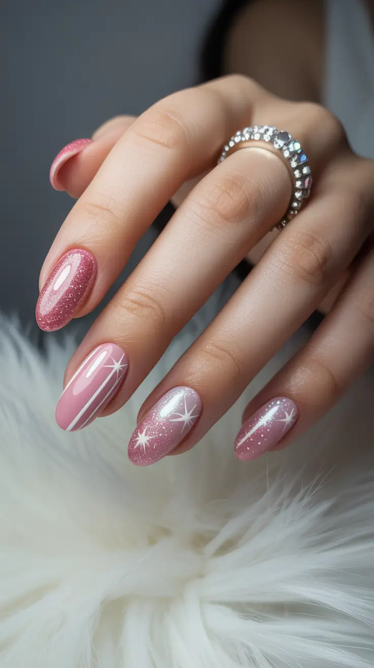 Stylish Pink Christmas Nails 2025 Soft Pink Glow with Frosted Stars