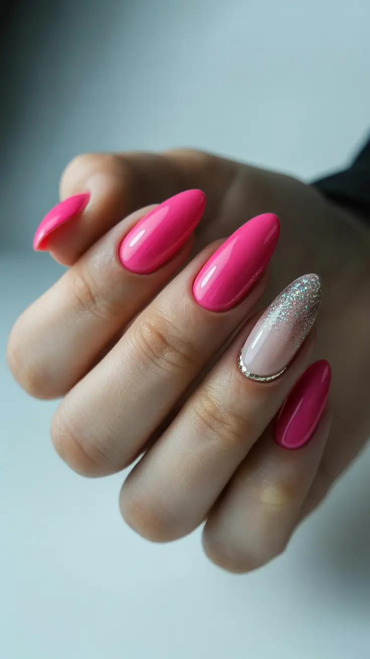 Stylish Pink Christmas Nails 2025 Glamorous Frost Accent
