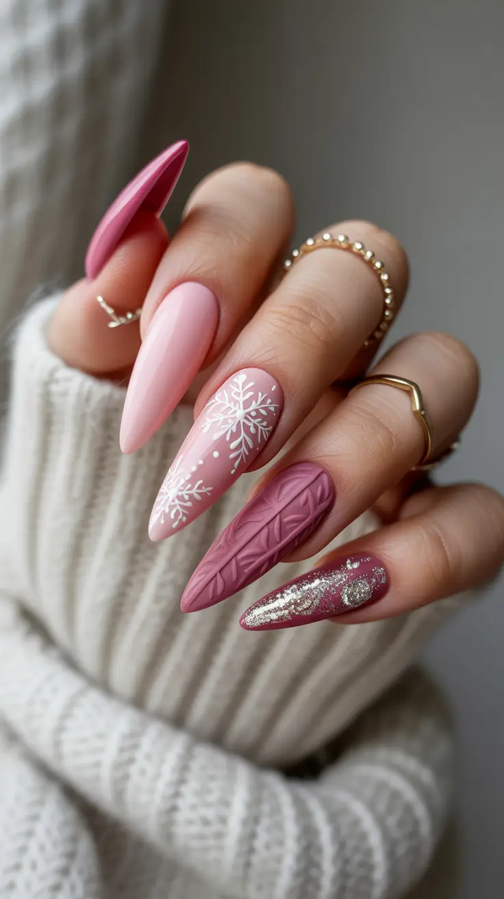 Stylish Pink Christmas Nails 2025 Velvet Cocoa Snowflakes