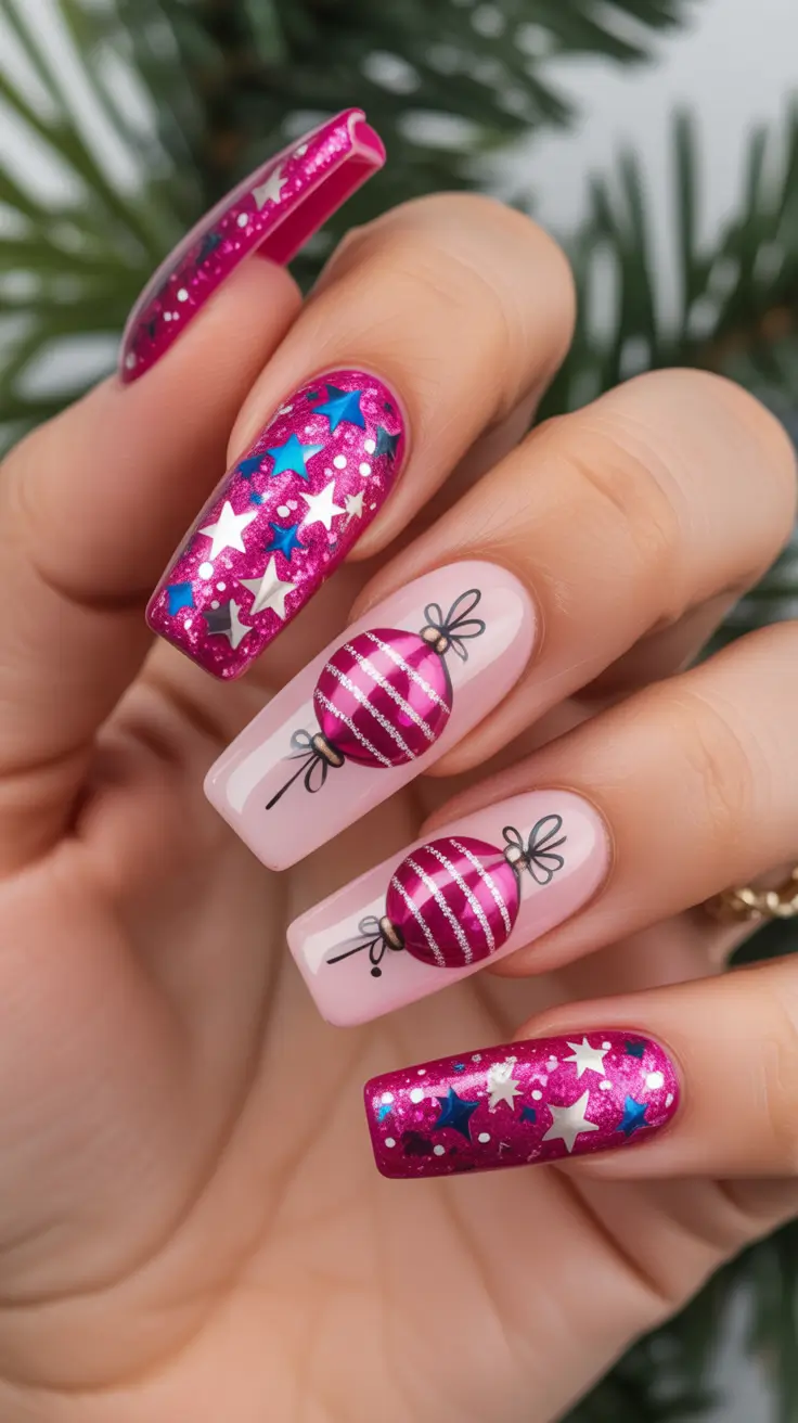 Stylish Pink Christmas Nails 2025 Holiday Party Spark & Baubles