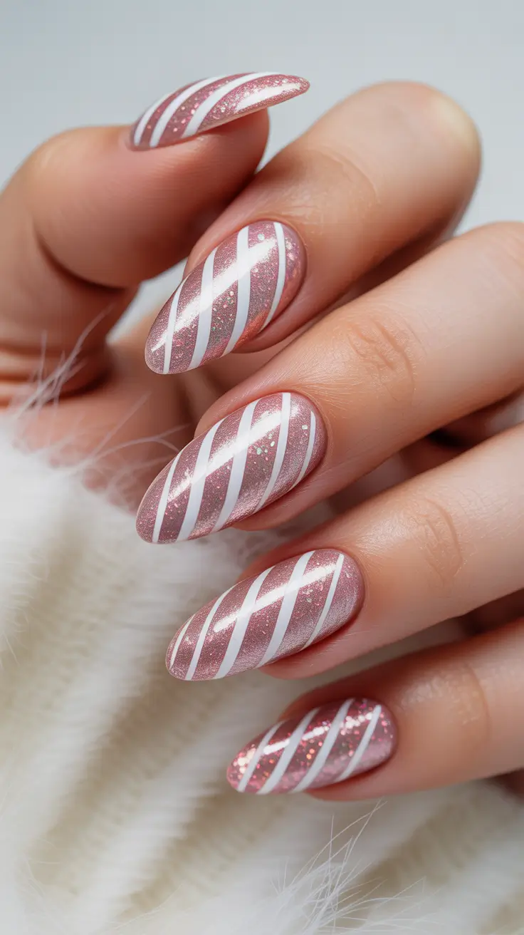 Stylish Pink Christmas Nails 2025 Glitter Candy Stripes