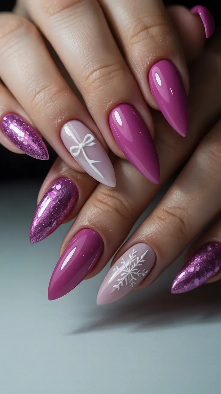 Stylish Pink Christmas Nails 2025 Frosted Bow Magic