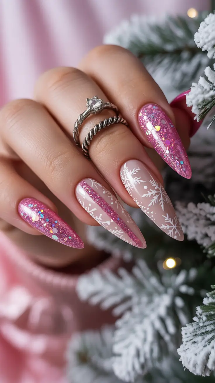Stylish Pink Christmas Nails 2025 Glittering Candy Lane