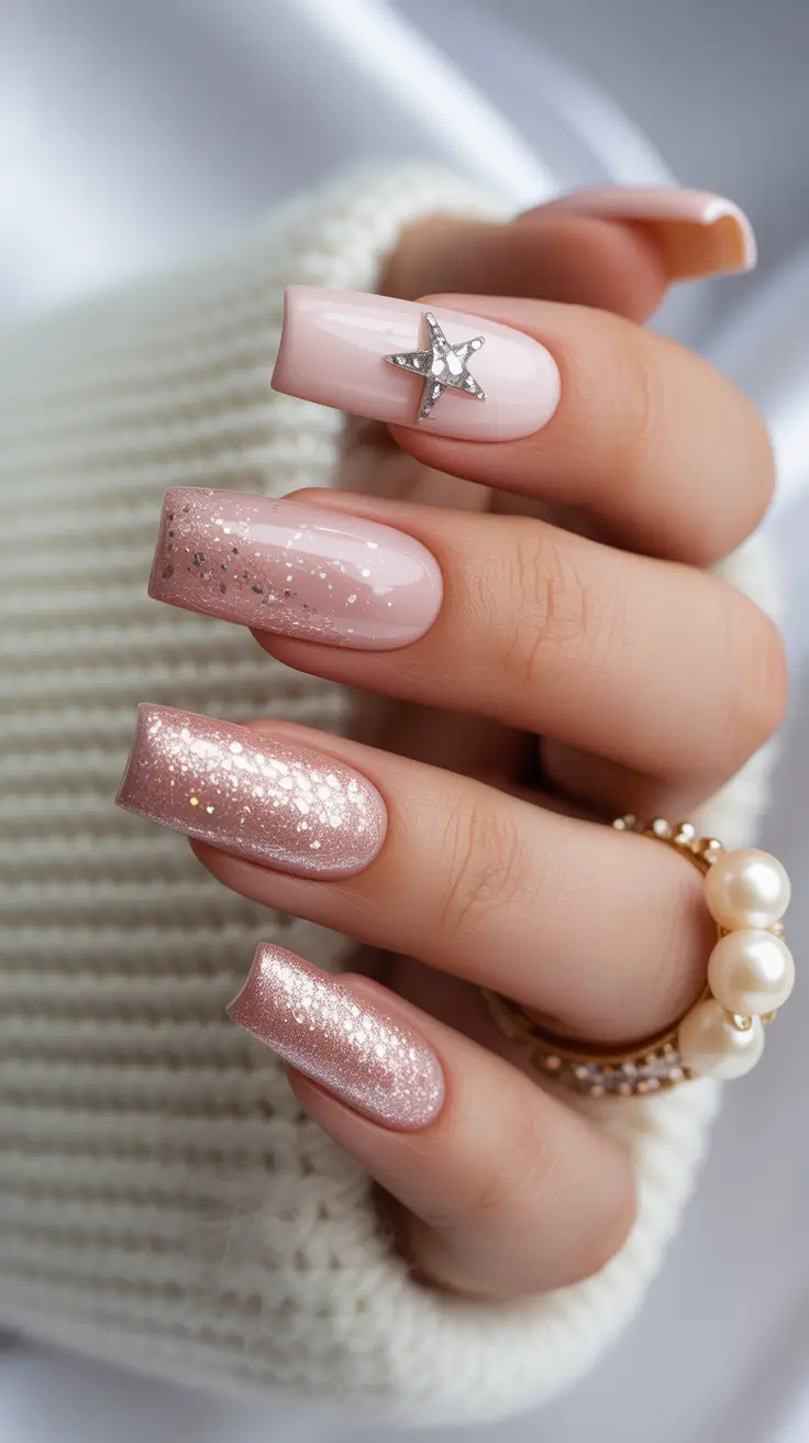 Stylish Pink Christmas Nails 2025 Blush & Stardust Elegance