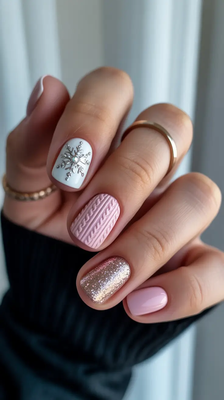 Stylish Pink Christmas Nails 2025 Cozy Knit & Snowflake Spark
