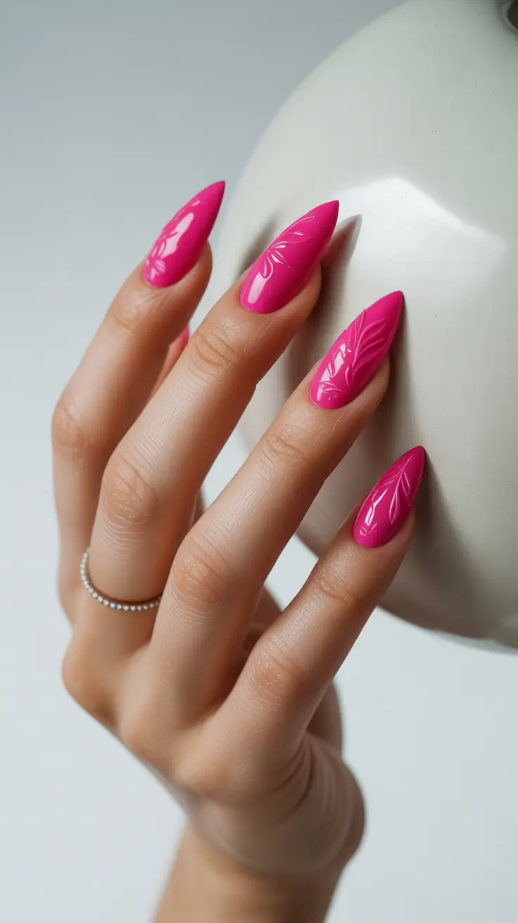 Stylish Pink Christmas Nails 2025 Magenta Shine & Leaf Art