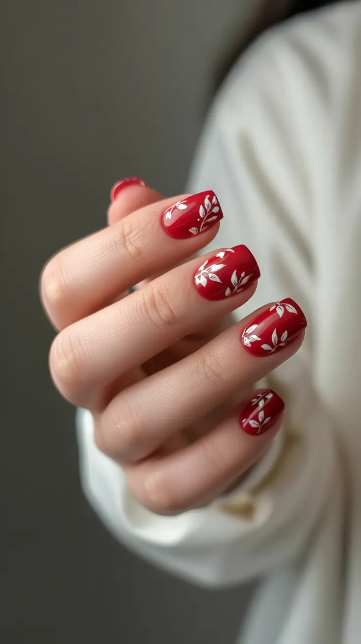 Stylish Red Manicure Winter 2025-2026 Frosted Berry with White Leaves