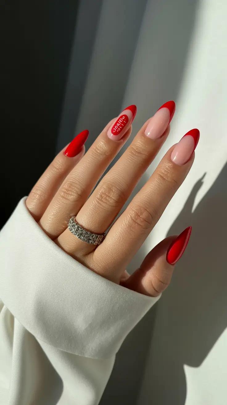 Stylish Red Manicure Winter 2025-2026 Minimal French with a Message