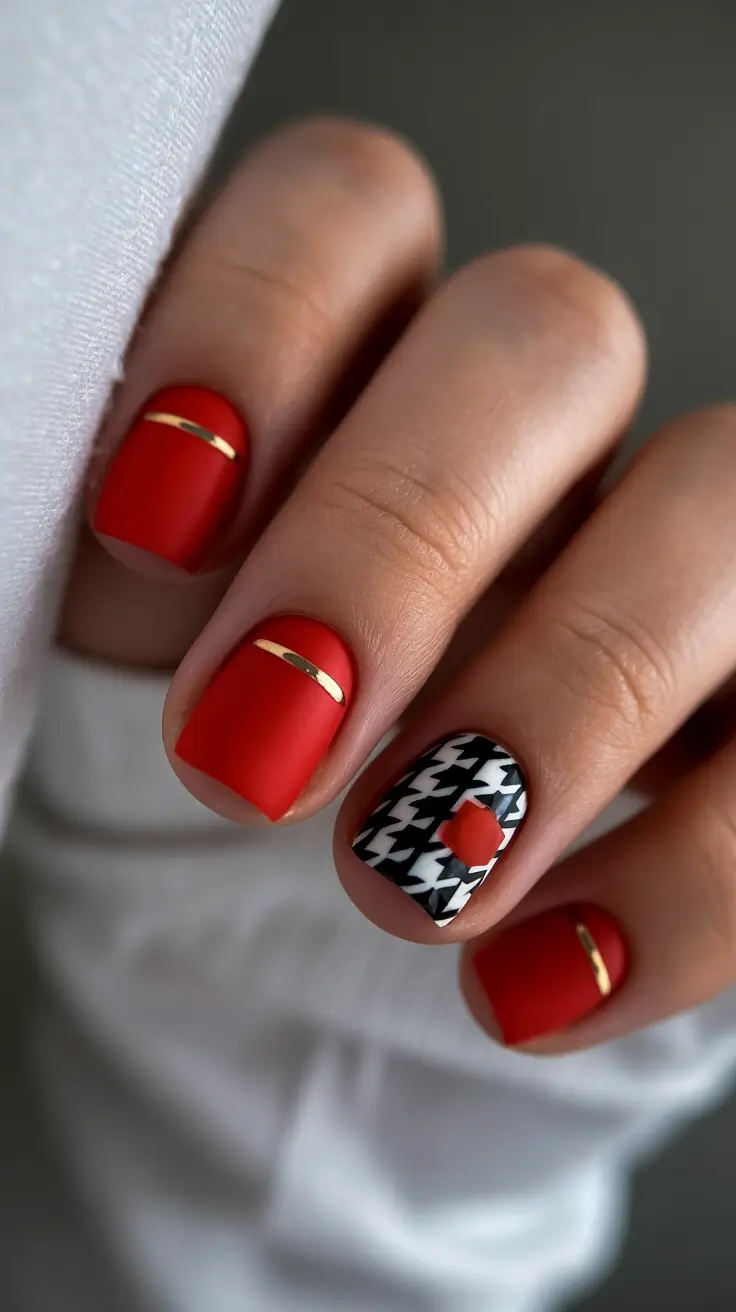 Stylish Red Manicure Winter 2025-2026 Matte Scarlet & Houndstooth Accent
