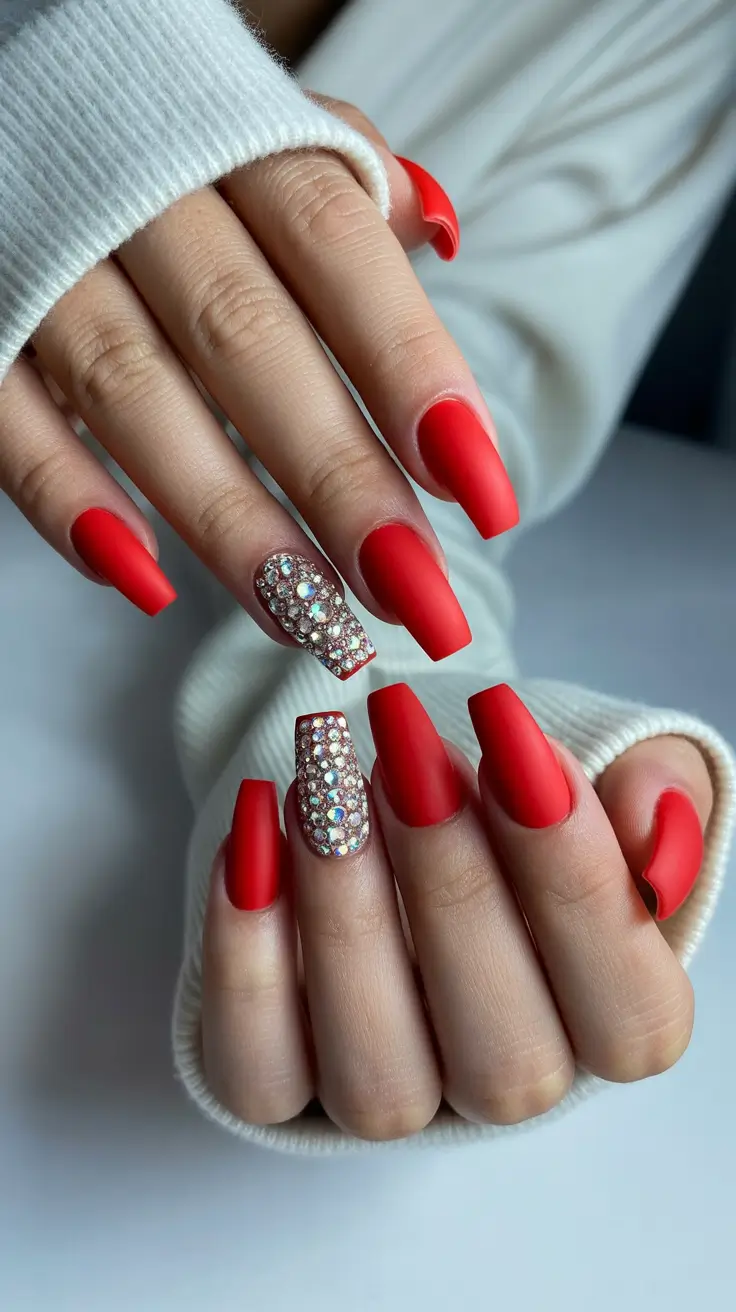 Stylish Red Manicure Winter 2025-2026 Red Velvet Coffin Glam