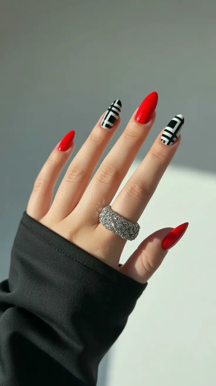 Stylish Red Manicure Winter 2025-2026 Red & Black Geometric Drama