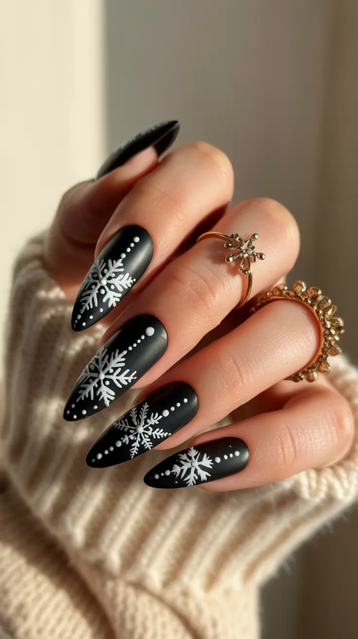 Trendy Black Nail Ideas for Christmas 2025 Matte Snowflake Magic