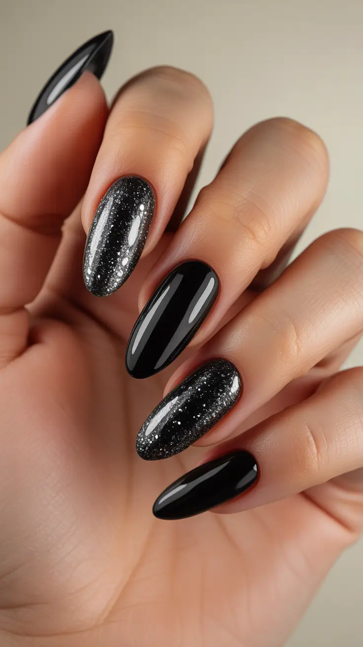 Trendy Black Nail Ideas for Christmas 2025 Galactic Spark Shine