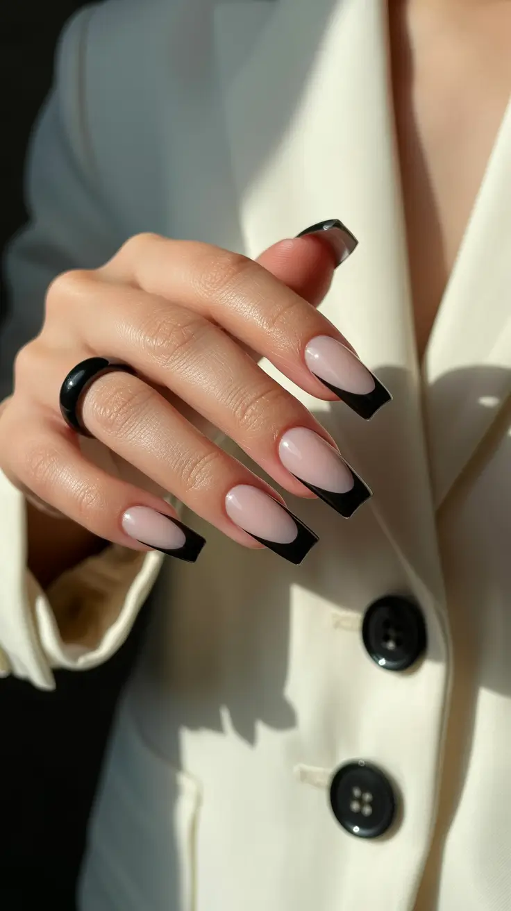 Trendy Black Nail Ideas for Christmas 2025 Midnight French Couture