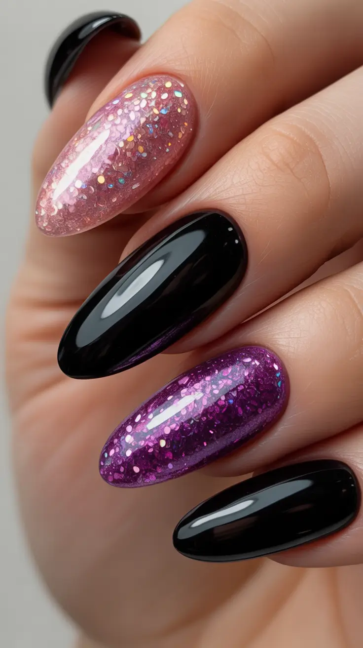 Trendy Black Nail Ideas for Christmas 2025 Berry Stardust Mix