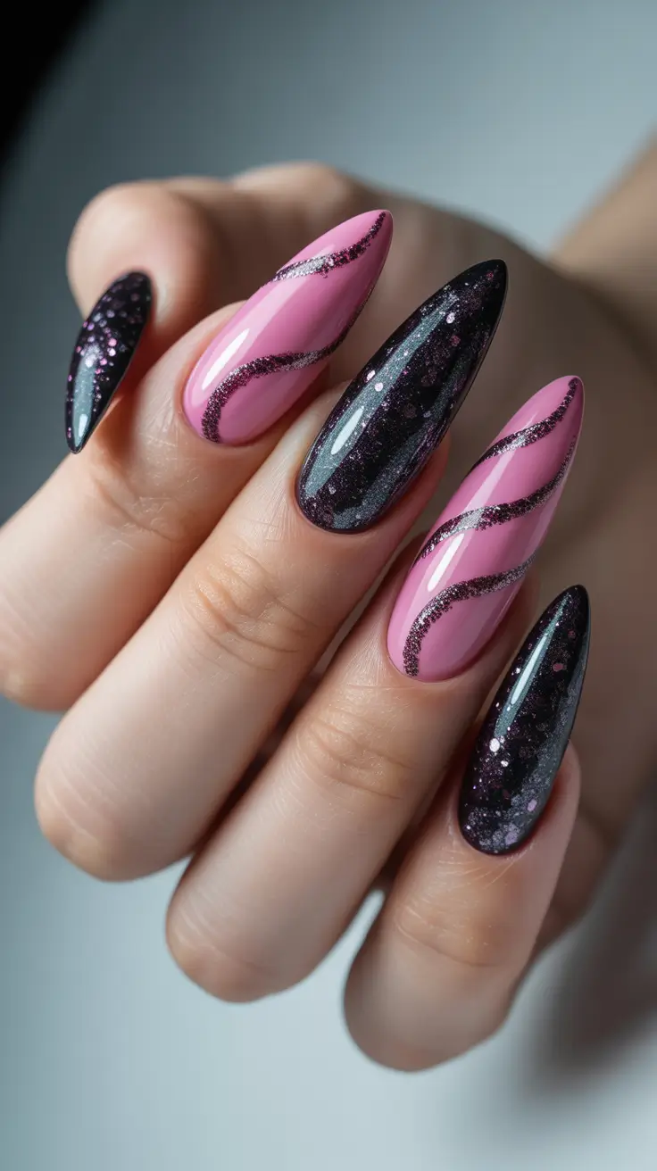Trendy Black Nail Ideas for Christmas 2025 Pink Galaxy Swirls