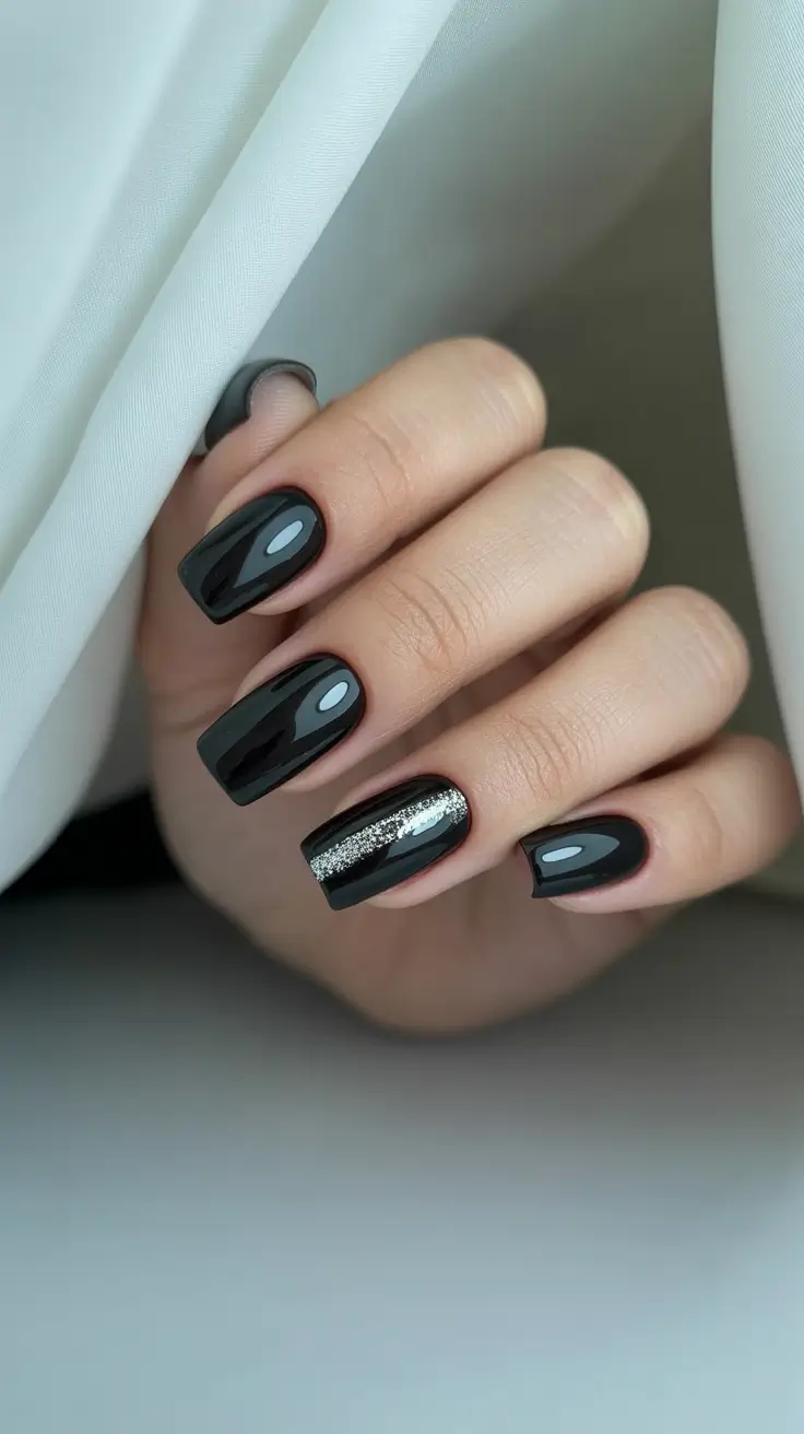 Trendy Black Nail Ideas for Christmas 2025 Midnight Stripe Detail