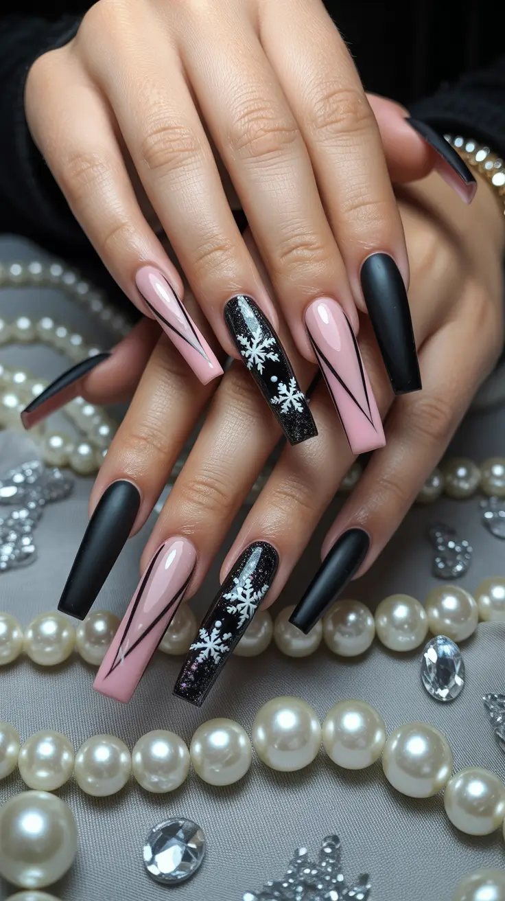 Trendy Black Nail Ideas for Christmas 2025 Frosted Noir Glam