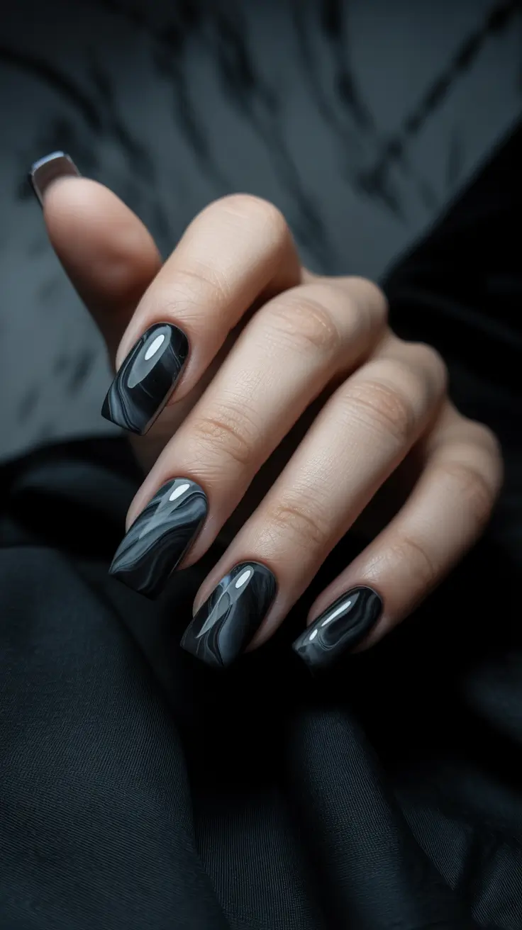 Trendy Black Nail Ideas for Christmas 2025 Charcoal Marble Whisper