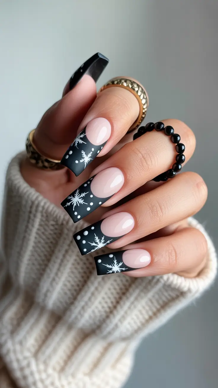 Trendy Black Nail Ideas for Christmas 2025 Snowflake French Reimagined
