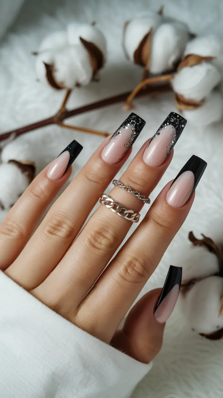 Trendy Black Nail Ideas for Christmas 2025 Frosted French Illusion