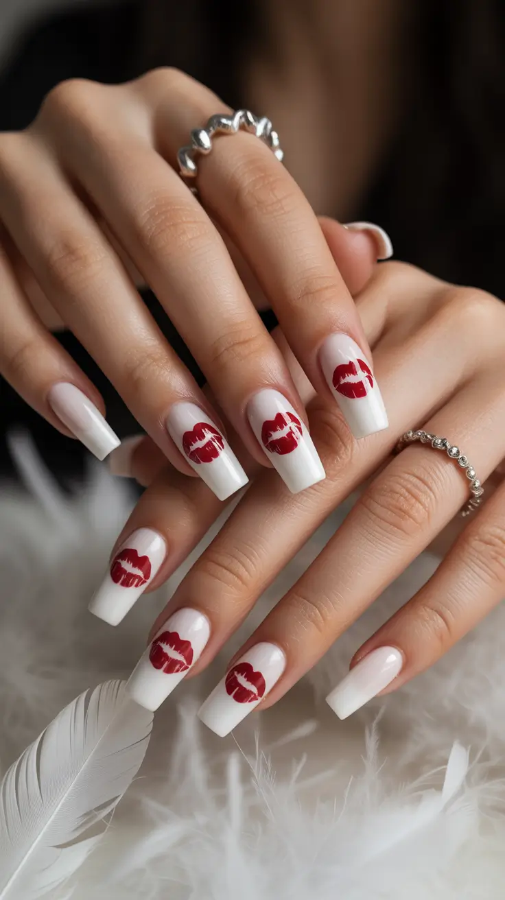Trendy Christmas Nail Colors 2025 Red Kisses on White