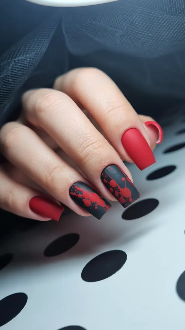 Trendy Christmas Nail Colors 2025 Matte Noir & Scarlet Splash