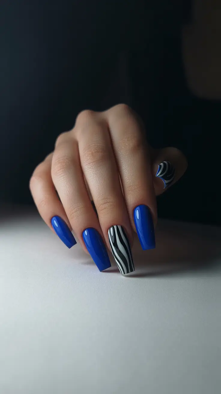Trendy Christmas Nail Colors 2025 Electric Blue Zebra