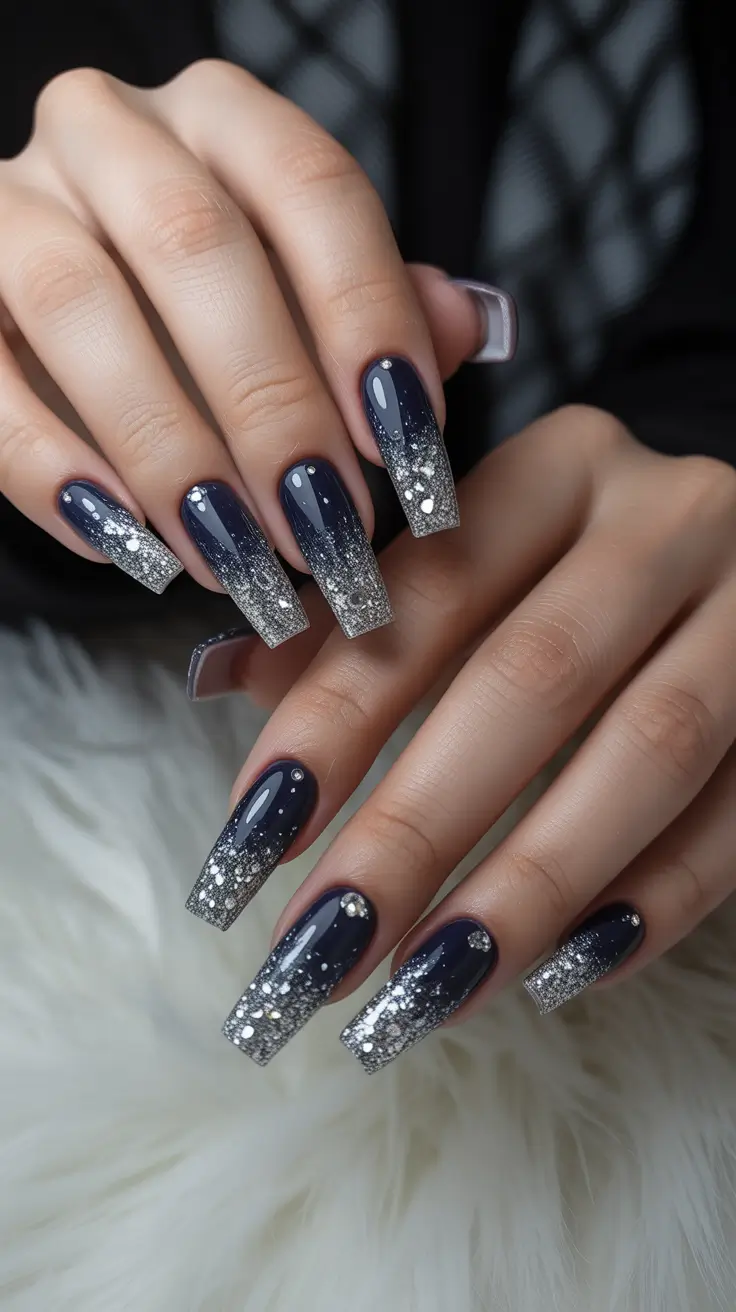 Trendy Christmas Nail Colors 2025 Silver Night Sparkle